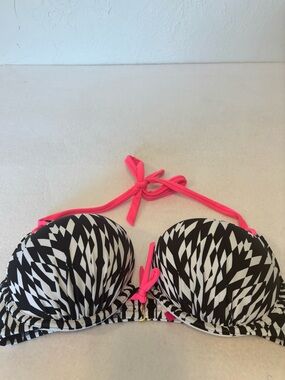 Victoria’s Secret 34D Push Up Bikini Top Black White Geometric Neon Pink Straps